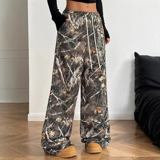 2024 New Fashion Casual Camouflage Print Elastic Waist Wide Leg Pants for Teenagers Long Draping Trousers Slimming Effect