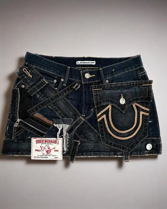 American Retro High Waisted Short Skirt Women Y2k Gothic Punk Embroidery Patchwork Denim Skirt Summer Spicy Girl Denim Skirt