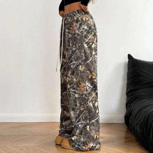 2024 New Fashion Casual Camouflage Print Elastic Waist Wide Leg Pants for Teenagers Long Draping Trousers Slimming Effect