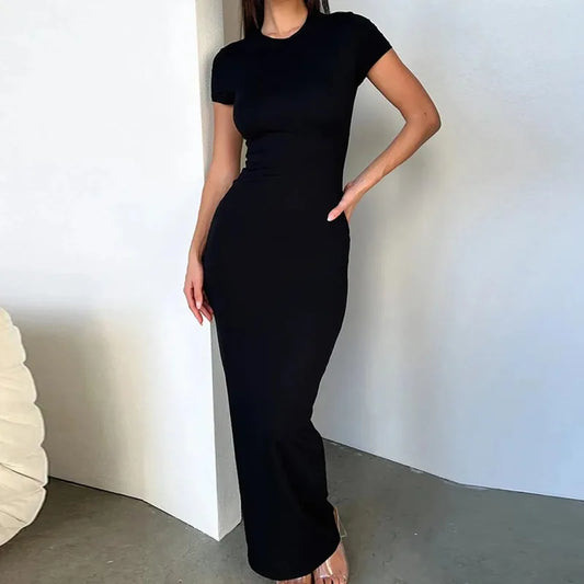 Sexy Skinny Women's Bodycon Party Dress Fashion O-neck Short Sleeve Solid Color Wraped Hip Package Long Dress Female Sexy Dress
