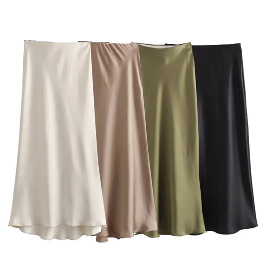 TRAF Woman 2024 Satin Skirt Women High Waist Long Skirts For Women Summer Black Midi Skirt Office Elegant Women's Skirts