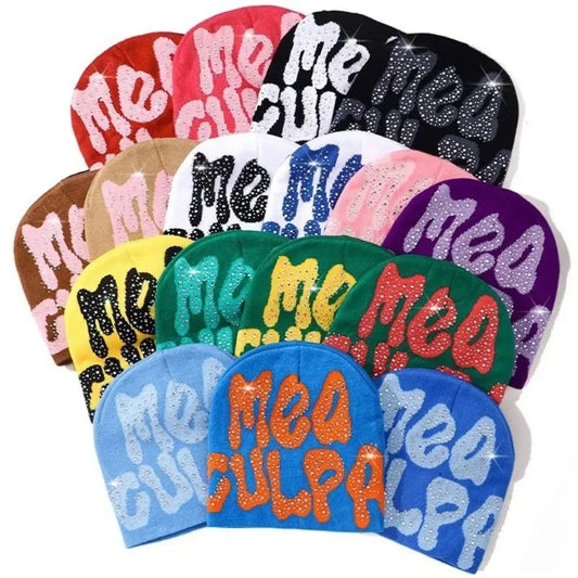 2023 NEW Y2K MEA Culpa Beanies Hat with Rhinestone for Women Men Beanies Hats Hip-hop Soft Stretch Warm Knitted Slouchy Cap